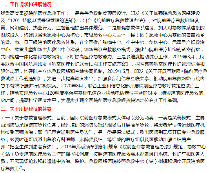 國家衛(wèi)健委答復關(guān)于院前急救立法的代表建議！